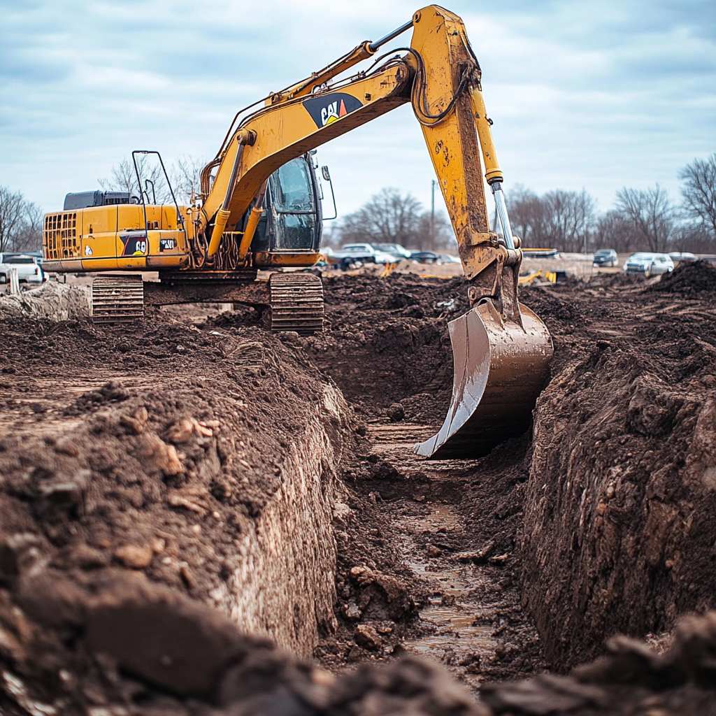 Large excavator digging a deep trench on a construction site