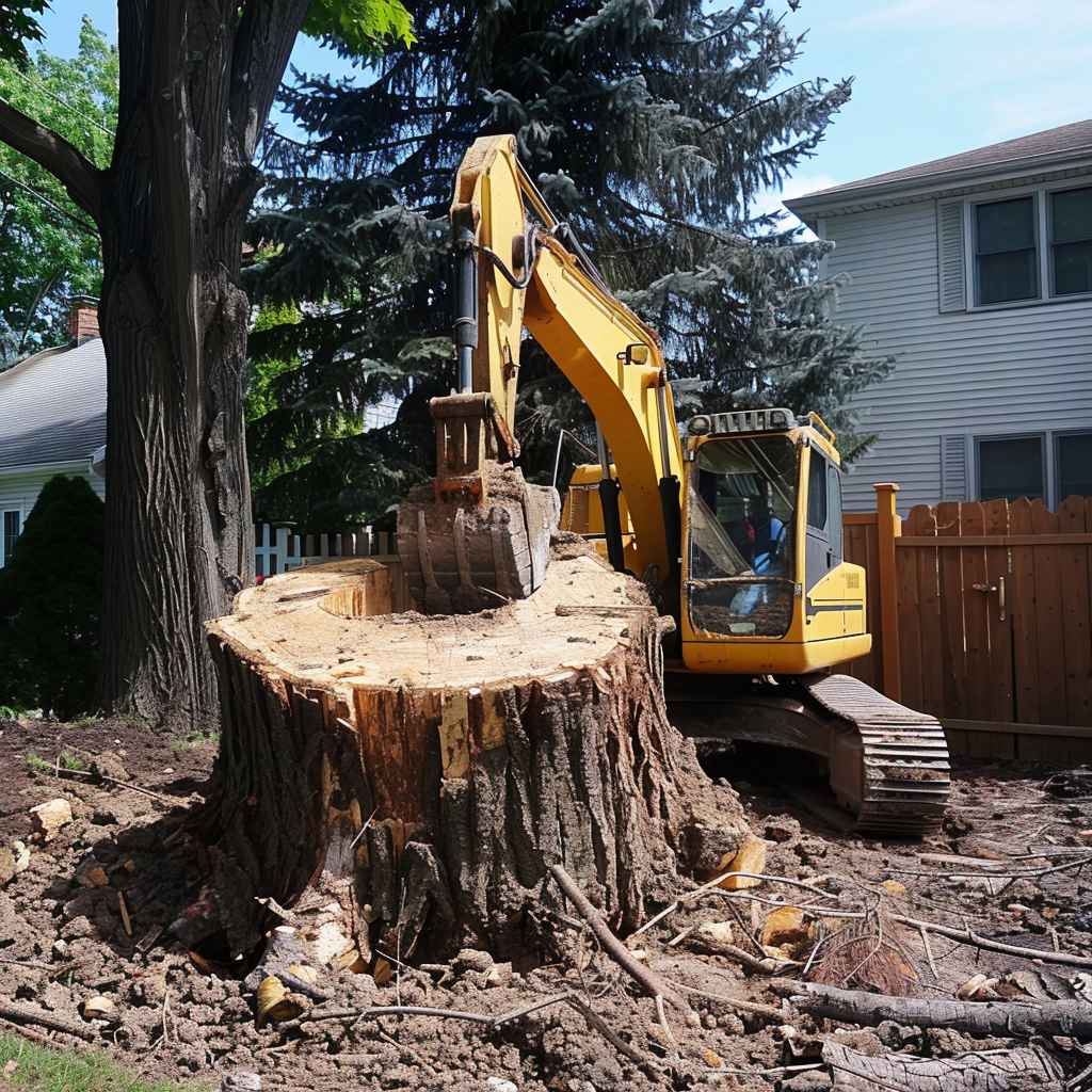 Excavator removing a large tree stump in a suburban backyard