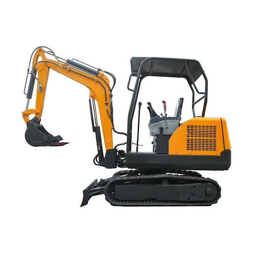 Orange and black mini excavator with a roof canopy, on a white background